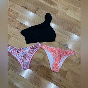 Black One-Shoulder Bikini Top with Floral and Orange Bottoms 3 piece set
